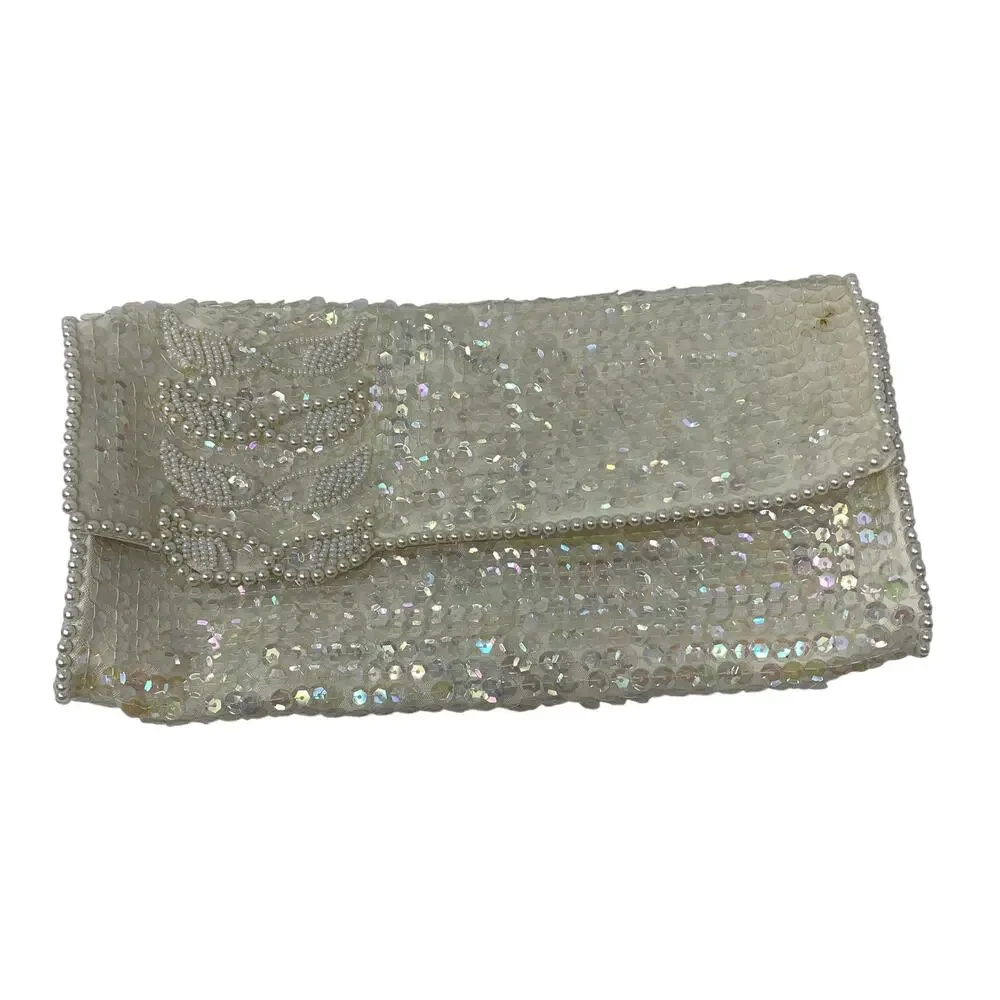 Vintage Made in Japan White Iridescent Sequin Beaded Clutch Evening Purse Bag